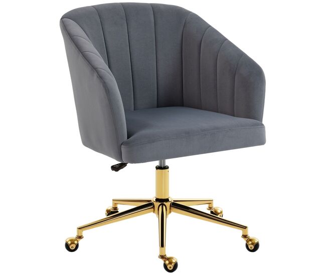 Homcom silla de oficina con ruedas, silla de escritorio de terciopelo con respaldo acolchado con costuras, asiento ancho, altura ajustable, espuma de alta resiliencia, para casa, oficina, gris