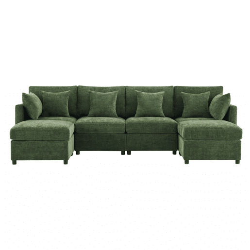 Sofá modular de 6 lugares - convertível em U e L, com 2 pufes e 6 almofadas, em chenille moderna - verde