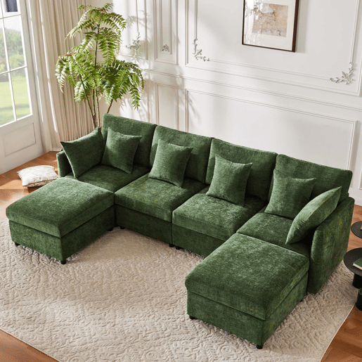 Sofá modular de 6 lugares - convertível em U e L, com 2 pufes e 6 almofadas, em chenille moderna - verde