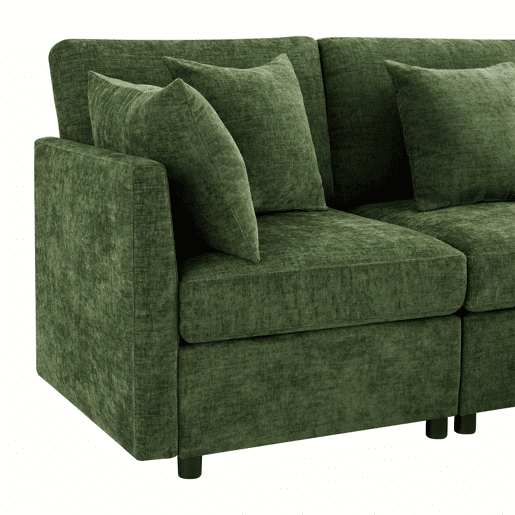 Sofá modular de 6 lugares - convertível em U e L, com 2 pufes e 6 almofadas, em chenille moderna - verde