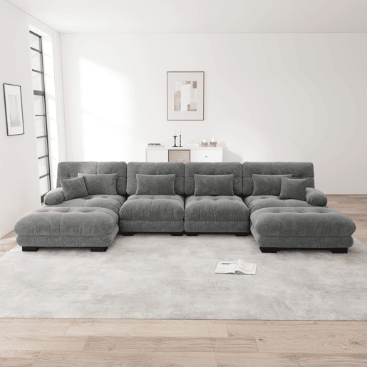 Sofá modular U 4 lugares - Sofás Cloud confortáveis com otomano móvel - Chenille cinza