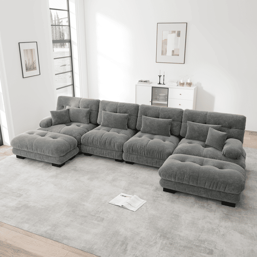 Sofá modular U 4 lugares - Sofás Cloud confortáveis com otomano móvel - Chenille cinza
