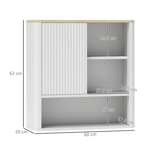 HOMCOM Armário de Parede para Casa de Banho com Prateleiras Ajustáveis Porta Deslizante Compartimentos e Design com Perfil Curvo 60x20x62 cm Branco