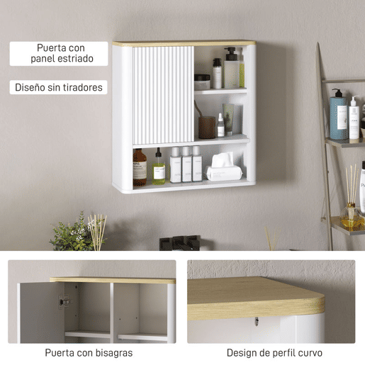 HOMCOM Armário de Parede para Casa de Banho com Prateleiras Ajustáveis Porta Deslizante Compartimentos e Design com Perfil Curvo 60x20x62 cm Branco