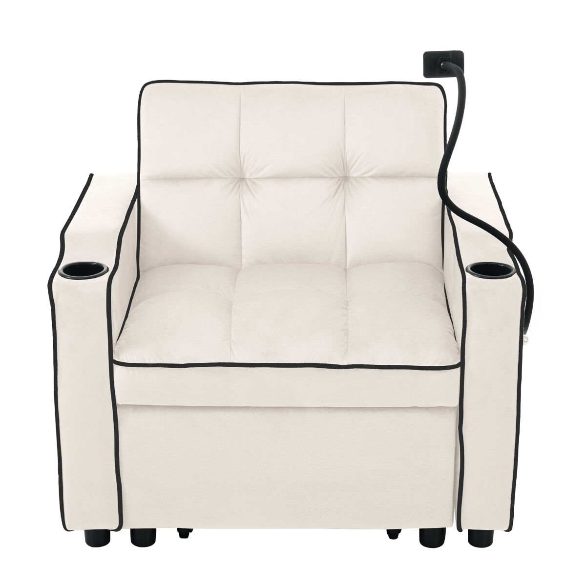 Sillón retráctil de terciopelo - con portavasos + soporte para teléfono móvil - beige