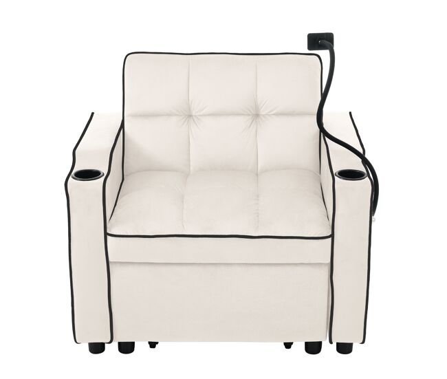 Sillón retráctil de terciopelo - con portavasos + soporte para teléfono móvil - beige