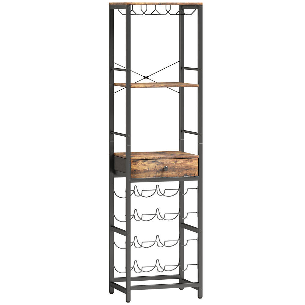 Homcom mueble de bar para vinos con soporte de copas y cajón, botellero para 12 botellas, con estante abierto, estilo industrial, para cocina, comedor, bar, 40x30x148 cm, marrón rústico