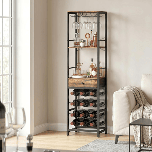 HOMCOM Móvel de Bar para Vinhos com Suporte de Copos e Gaveta Garrafeira para 12 Garrafas com Prateleira Aberta Estilo Industrial para Cozinha Sala de Jantar Bar 40x30x148 cm Castanho Rústico HOMCOM Móvel de Bar para Vinhos com Suporte de Copos e Gaveta Garrafeira para 12 Garrafas com Prateleira Aberta Estilo Industrial para Cozinha Sala de Jantar Bar 40x30x148 cm Castanho Rústico