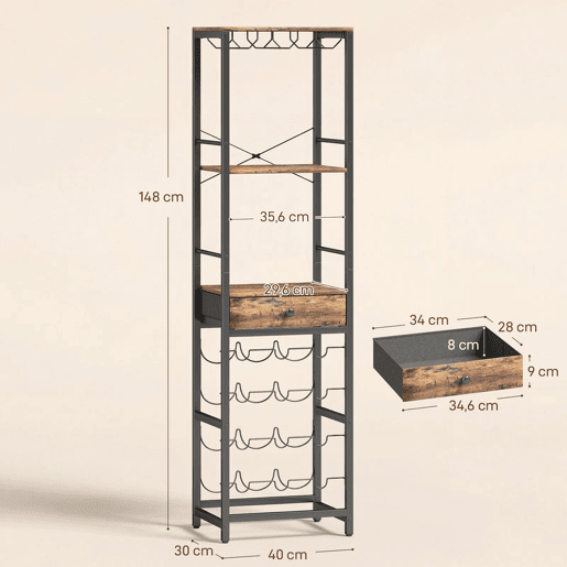 HOMCOM Móvel de Bar para Vinhos com Suporte de Copos e Gaveta Garrafeira para 12 Garrafas com Prateleira Aberta Estilo Industrial para Cozinha Sala de Jantar Bar 40x30x148 cm Castanho Rústico HOMCOM Móvel de Bar para Vinhos com Suporte de Copos e Gaveta Garrafeira para 12 Garrafas com Prateleira Aberta Estilo Industrial para Cozinha Sala de Jantar Bar 40x30x148 cm Castanho Rústico