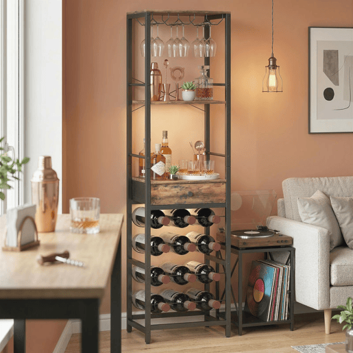 HOMCOM Móvel de Bar para Vinhos com Suporte de Copos e Gaveta Garrafeira para 12 Garrafas com Prateleira Aberta Estilo Industrial para Cozinha Sala de Jantar Bar 40x30x148 cm Castanho Rústico HOMCOM Móvel de Bar para Vinhos com Suporte de Copos e Gaveta Garrafeira para 12 Garrafas com Prateleira Aberta Estilo Industrial para Cozinha Sala de Jantar Bar 40x30x148 cm Castanho Rústico