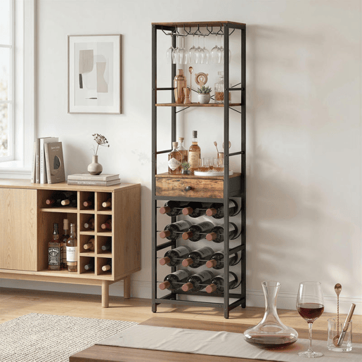 HOMCOM Móvel de Bar para Vinhos com Suporte de Copos e Gaveta Garrafeira para 12 Garrafas com Prateleira Aberta Estilo Industrial para Cozinha Sala de Jantar Bar 40x30x148 cm Castanho Rústico HOMCOM Móvel de Bar para Vinhos com Suporte de Copos e Gaveta Garrafeira para 12 Garrafas com Prateleira Aberta Estilo Industrial para Cozinha Sala de Jantar Bar 40x30x148 cm Castanho Rústico