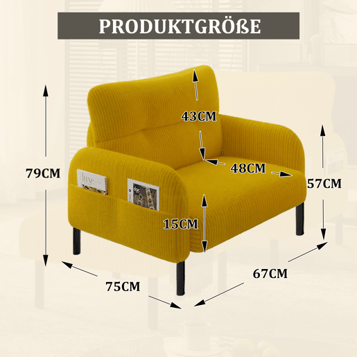 Poltrona de 1 lugar - Assento confortável, braços com bolsos laterais, estrutura sólida - Amarelo