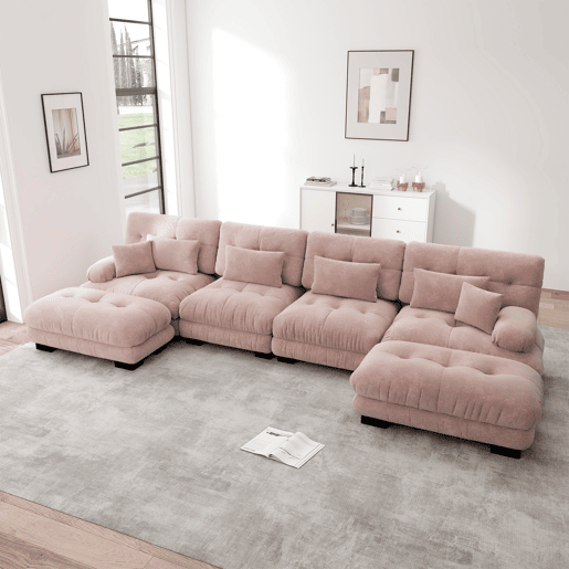 Sofá modular de 4 lugares - Sofá em forma de U, confortável, com otomano móvel, combinação DIY - Rosa