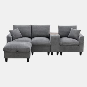 Sofá moderno em forma de L para 4 pessoas - Conversível, com consola, 2 porta-copos, portas USB, cinza