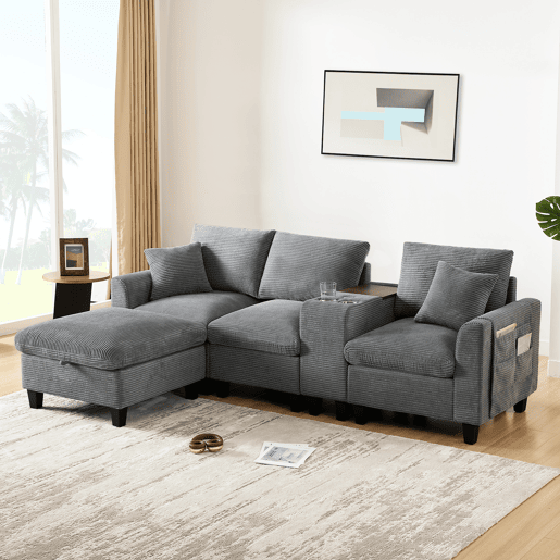 Sofá moderno em forma de L para 4 pessoas - Conversível, com consola, 2 porta-copos, portas USB, cinza Sofá moderno em forma de L para 4 pessoas - Conversível, com consola, 2 porta-copos, portas USB, cinza