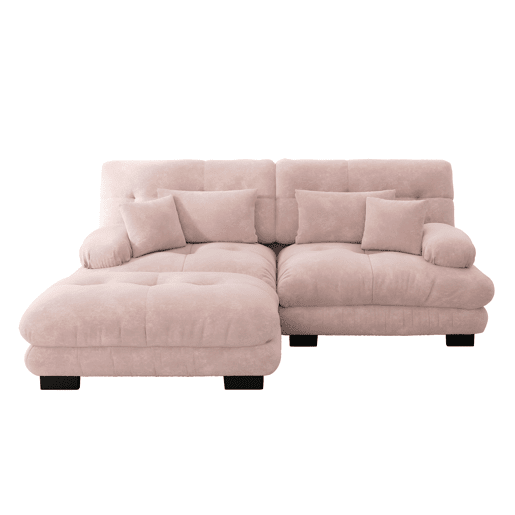 Sofá de canto Cloud 2 lugares - Sofá de chenille com 2 almofadas lombares e 2 almofadas decorativas, com braços largos e otomano - Rosa Sofá de canto Cloud 2 lugares - Sofá de chenille com 2 almofadas lombares e 2 almofadas decorativas, com braços largos e otomano - Rosa