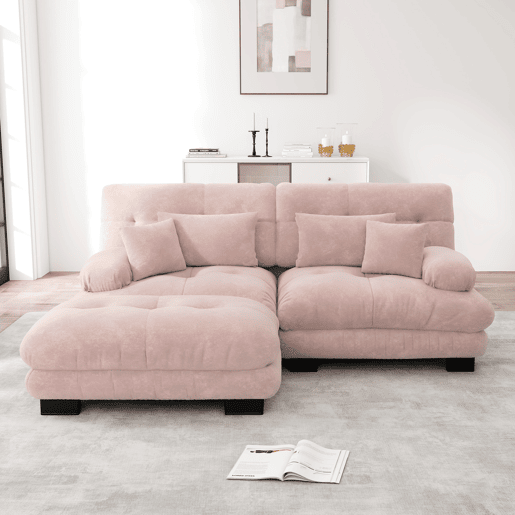 Sofá de canto Cloud 2 lugares - Sofá de chenille com 2 almofadas lombares e 2 almofadas decorativas, com braços largos e otomano - Rosa Sofá de canto Cloud 2 lugares - Sofá de chenille com 2 almofadas lombares e 2 almofadas decorativas, com braços largos e otomano - Rosa