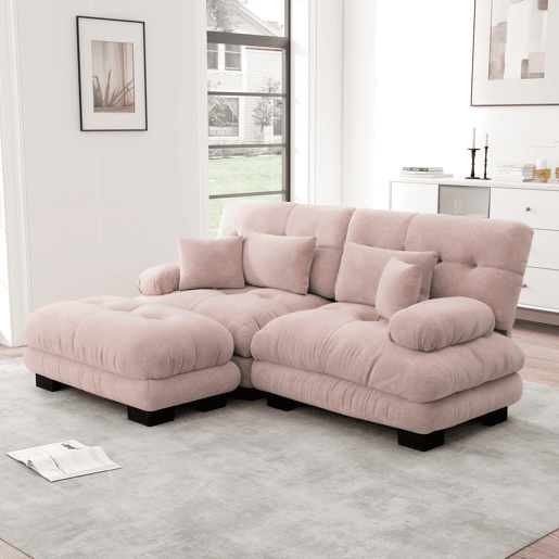 Sofá de canto Cloud 2 lugares - Sofá de chenille com 2 almofadas lombares e 2 almofadas decorativas, com braços largos e otomano - Rosa Sofá de canto Cloud 2 lugares - Sofá de chenille com 2 almofadas lombares e 2 almofadas decorativas, com braços largos e otomano - Rosa