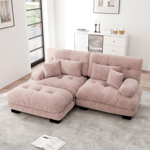 Sofá de canto Cloud 2 lugares - Sofá de chenille com 2 almofadas lombares e 2 almofadas decorativas, com braços largos e otomano - Rosa Sofá de canto Cloud 2 lugares - Sofá de chenille com 2 almofadas lombares e 2 almofadas decorativas, com braços largos e otomano - Rosa