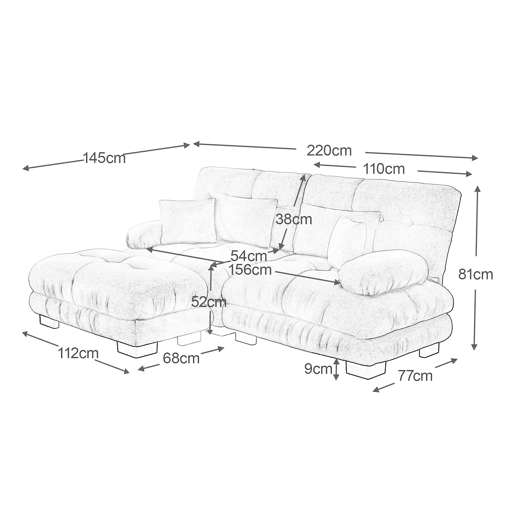 Sofá de canto Cloud 2 lugares - Sofá de chenille com 2 almofadas lombares e 2 almofadas decorativas, com braços largos e otomano - Rosa Sofá de canto Cloud 2 lugares - Sofá de chenille com 2 almofadas lombares e 2 almofadas decorativas, com braços largos e otomano - Rosa