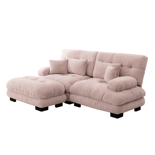 Sofá de canto Cloud 2 lugares - Sofá de chenille com 2 almofadas lombares e 2 almofadas decorativas, com braços largos e otomano - Rosa Sofá de canto Cloud 2 lugares - Sofá de chenille com 2 almofadas lombares e 2 almofadas decorativas, com braços largos e otomano - Rosa