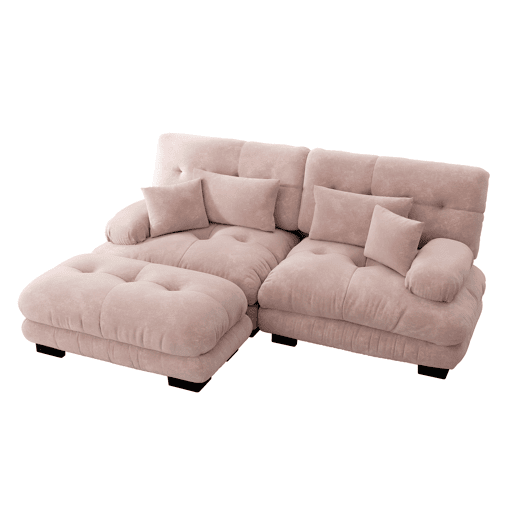 Sofá de canto Cloud 2 lugares - Sofá de chenille com 2 almofadas lombares e 2 almofadas decorativas, com braços largos e otomano - Rosa Sofá de canto Cloud 2 lugares - Sofá de chenille com 2 almofadas lombares e 2 almofadas decorativas, com braços largos e otomano - Rosa