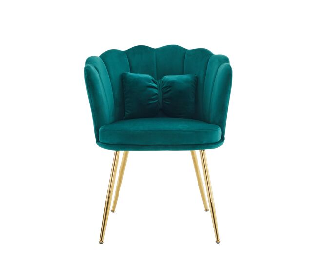 Sillón moderno de terciopelo - cómodo, acolchado, con respaldo de pétalos y patas metálicas doradas - verde