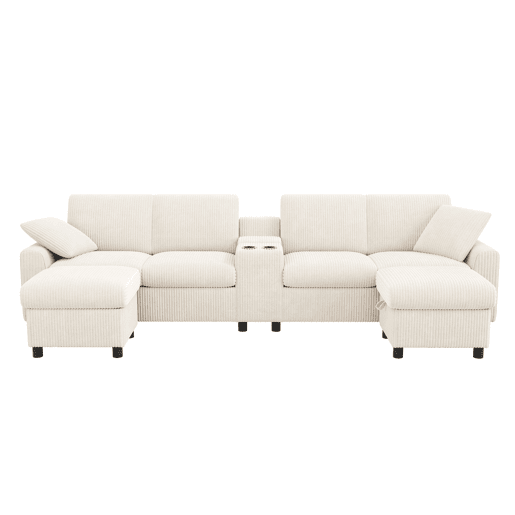 Sofá em forma de U 315x81x135 cm - 2 pufes com arrumação, mesa, 2 porta-copos, USB, tomadas - Bege