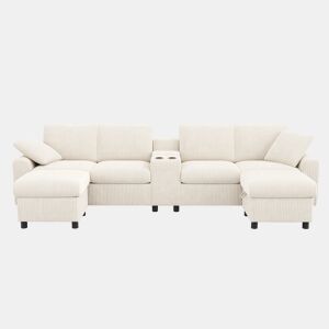 Sofá em forma de U 315x81x135 cm - 2 pufes com arrumação, mesa, 2 porta-copos, USB, tomadas - Bege