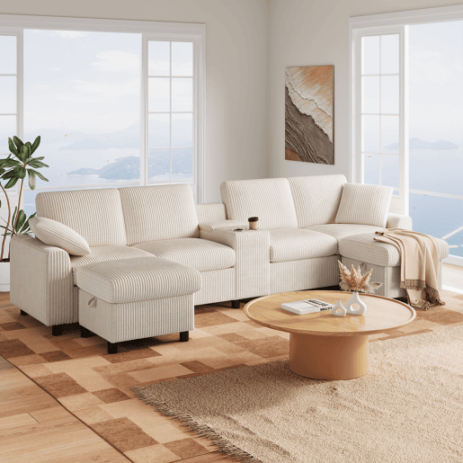 Sofá em forma de U 315x81x135 cm - 2 pufes com arrumação, mesa, 2 porta-copos, USB, tomadas - Bege