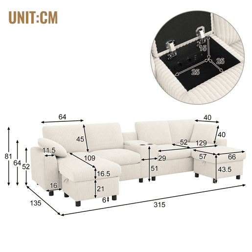 Sofá em forma de U 315x81x135 cm - 2 pufes com arrumação, mesa, 2 porta-copos, USB, tomadas - Bege
