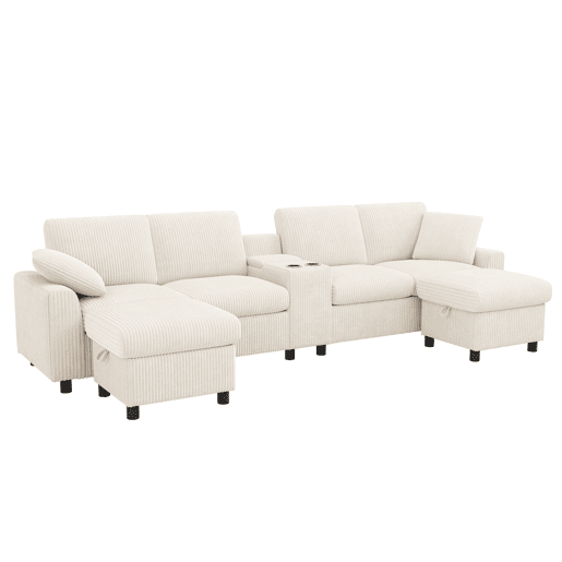 Sofá em forma de U 315x81x135 cm - 2 pufes com arrumação, mesa, 2 porta-copos, USB, tomadas - Bege
