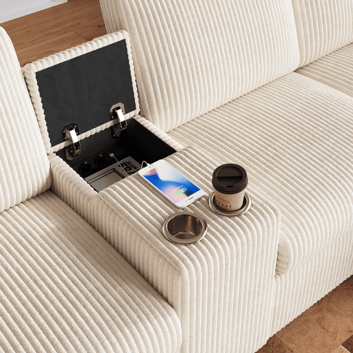 Sofá em forma de U 315x81x135 cm - 2 pufes com arrumação, mesa, 2 porta-copos, USB, tomadas - Bege