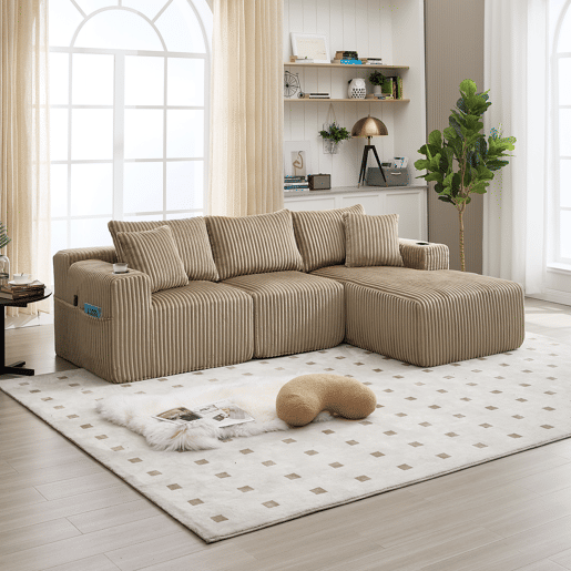 Sofá modular de 3 lugares - chaise longue, 5 almofadas, bolsos laterais, porta-copos, tecido macio, espuma densa - cáqui