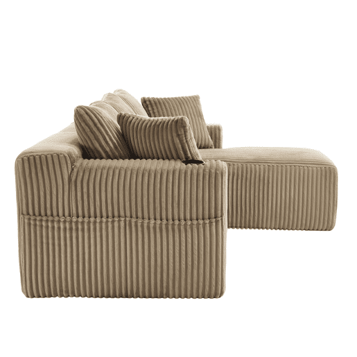 Sofá modular de 3 lugares - chaise longue, 5 almofadas, bolsos laterais, porta-copos, tecido macio, espuma densa - cáqui