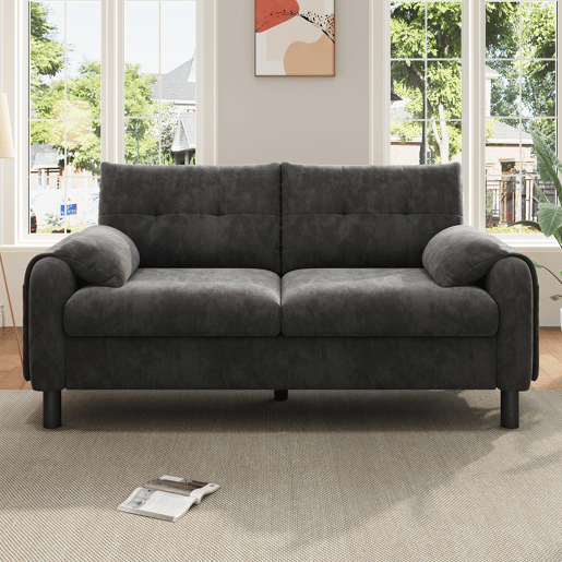 Sofá moderno de 2 lugares - Sofá de chenille com almofadas grossas, design escandinavo - Cinza