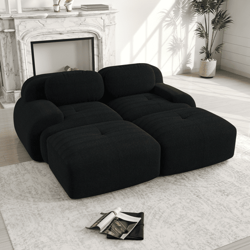 Sofá de 2 lugares - Modular com chaise longue, antiderrapante, apoios de braços ergonómicos e estofamento elástico - Preto