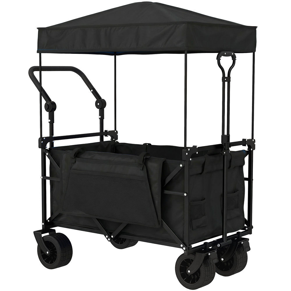 Outsunny carro playa con ruedas grandes con freno, techo extraíble, carro plegable para jardín con barra ajustable, portavasos y bolsillos, carga 100 kg, para todo terreno, campaña, compras, negro