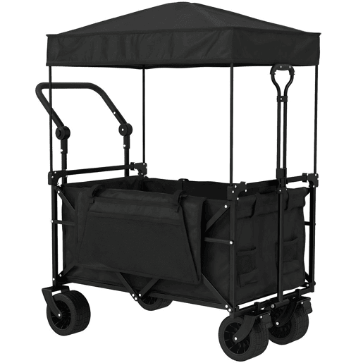 Outsunny Carrinho de Transporte com Rodas Grandes Travão Teto Amovível Carro Dobrável para Jardim com Barra Ajustável Porta-Copos e Bolsos Capacidade 100 kg para Campismo 125x59x133 cm Preto