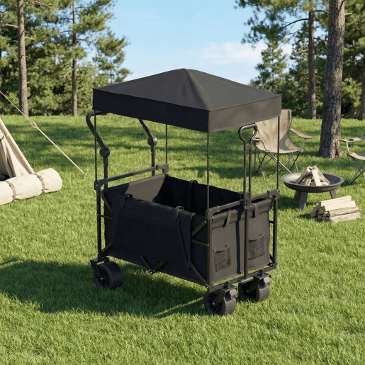 Outsunny Carrinho de Transporte com Rodas Grandes Travão Teto Amovível Carro Dobrável para Jardim com Barra Ajustável Porta-Copos e Bolsos Capacidade 100 kg para Campismo 125x59x133 cm Preto