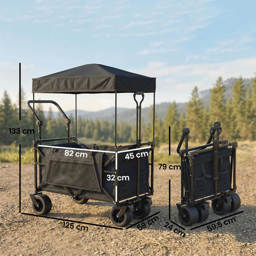 Outsunny Carrinho de Transporte com Rodas Grandes Travão Teto Amovível Carro Dobrável para Jardim com Barra Ajustável Porta-Copos e Bolsos Capacidade 100 kg para Campismo 125x59x133 cm Preto