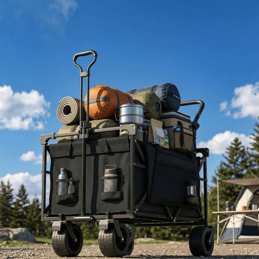 Outsunny Carrinho de Transporte com Rodas Grandes Travão Teto Amovível Carro Dobrável para Jardim com Barra Ajustável Porta-Copos e Bolsos Capacidade 100 kg para Campismo 125x59x133 cm Preto