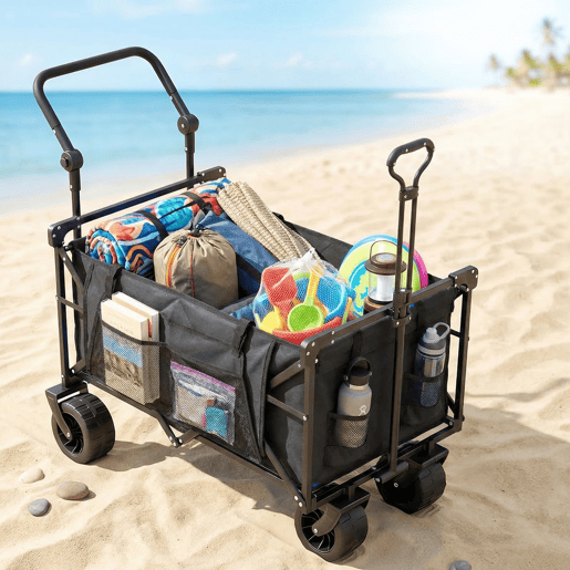Outsunny Carrinho de Transporte com Rodas Grandes Travão Teto Amovível Carro Dobrável para Jardim com Barra Ajustável Porta-Copos e Bolsos Capacidade 100 kg para Campismo 125x59x133 cm Preto