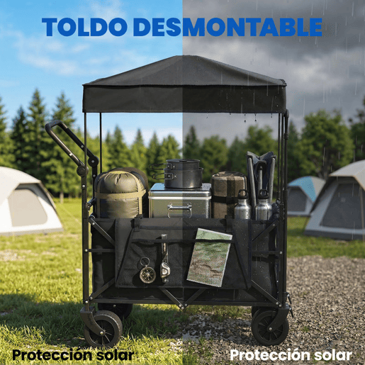 Outsunny Carrinho de Transporte com Rodas Grandes Travão Teto Amovível Carro Dobrável para Jardim com Barra Ajustável Porta-Copos e Bolsos Capacidade 100 kg para Campismo 125x59x133 cm Preto