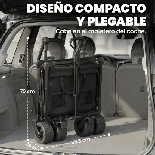 Outsunny Carrinho de Transporte com Rodas Grandes Travão Teto Amovível Carro Dobrável para Jardim com Barra Ajustável Porta-Copos e Bolsos Capacidade 100 kg para Campismo 125x59x133 cm Preto