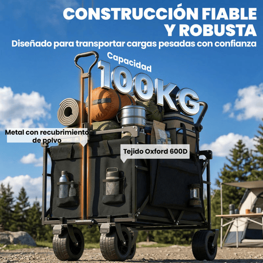 Outsunny Carrinho de Transporte com Rodas Grandes Travão Teto Amovível Carro Dobrável para Jardim com Barra Ajustável Porta-Copos e Bolsos Capacidade 100 kg para Campismo 125x59x133 cm Preto