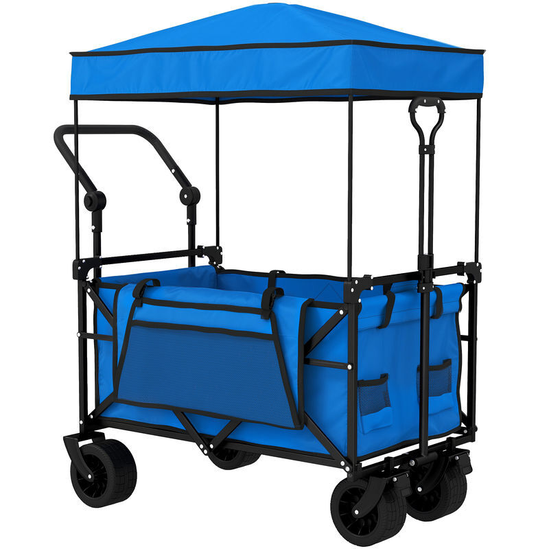 Outsunny carro playa con ruedas grandes con freno, techo extraíble, carro plegable para jardín con barra ajustable, portavasos y bolsillos, carga 100 kg, para todo terreno, campaña, compras, azul