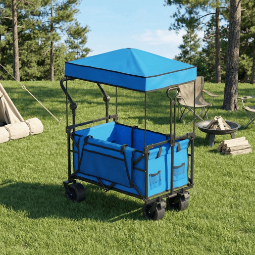 Outsunny Carrinho de Transporte com Rodas Grandes Travão Teto Amovível Carro Dobrável para Jardim com Barra Ajustável Porta-Copos e Bolsos Capacidade 100 kg para Campismo 125x59x133 cm Azul