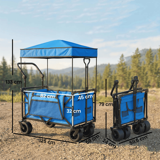 Outsunny Carrinho de Transporte com Rodas Grandes Travão Teto Amovível Carro Dobrável para Jardim com Barra Ajustável Porta-Copos e Bolsos Capacidade 100 kg para Campismo 125x59x133 cm Azul