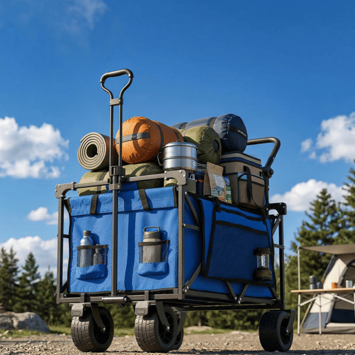 Outsunny Carrinho de Transporte com Rodas Grandes Travão Teto Amovível Carro Dobrável para Jardim com Barra Ajustável Porta-Copos e Bolsos Capacidade 100 kg para Campismo 125x59x133 cm Azul